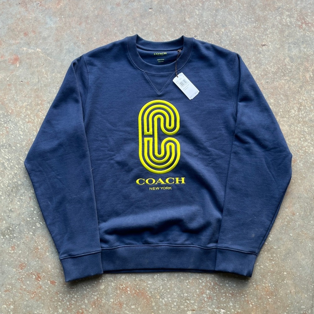 NWT! Coach Mens Retro Sport Sweatshirt Navy Blue Neon Yellow Logo 89792 Medium